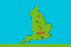 cartoon image showing approximate TuVida locations on UK map
